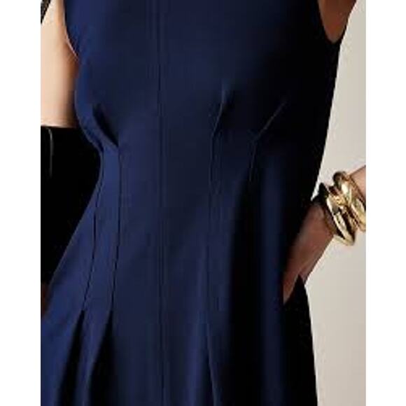 J.Crew Nadia Midi Dress WMNS M Navy Sleeveless Seamed Waist Ponte Knit Back Zip - Picture 2 of 9